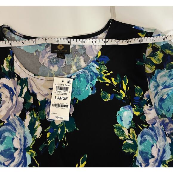 NWT New Women L JM Collection Floral Black 1/2 bell sleeve blouse tunic top - Picture 7 of 12